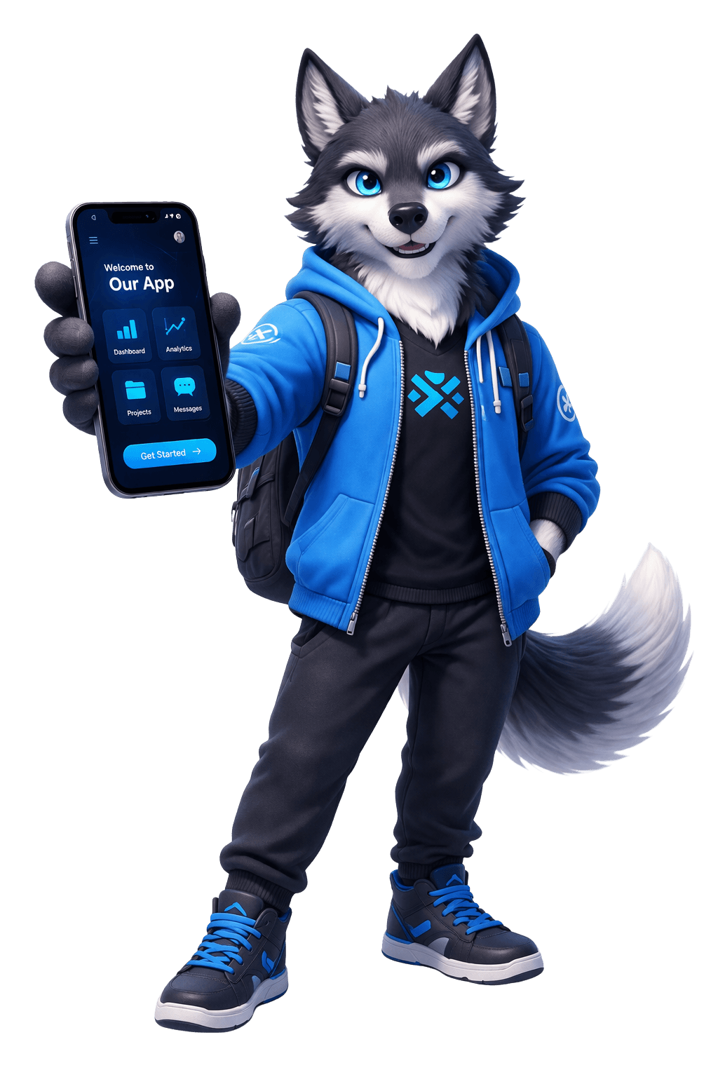 ApexWolvex Mascot - Wolf character showing a mobile app